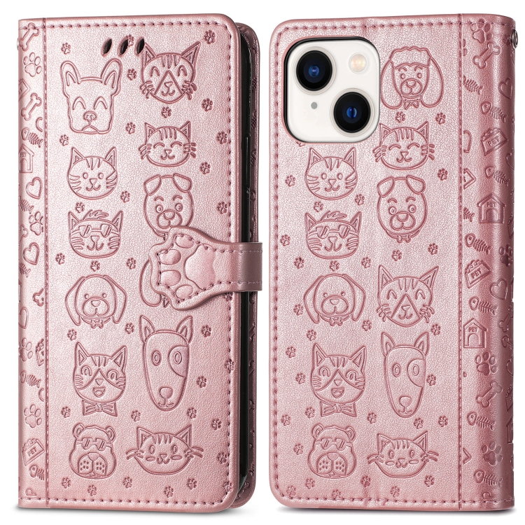 For iPhone 15 Plus Cat and Dog Embossed Leather Phone Case(Rose Gold) For iPhone 15 Plus Cat and Dog Embossed Leather Phone Case(Rose Gold)