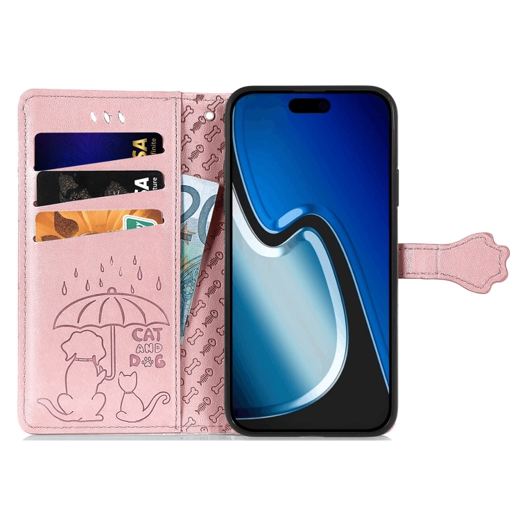 For iPhone 15 Plus Cat and Dog Embossed Leather Phone Case(Rose Gold) For iPhone 15 Plus Cat and Dog Embossed Leather Phone Case(Rose Gold)