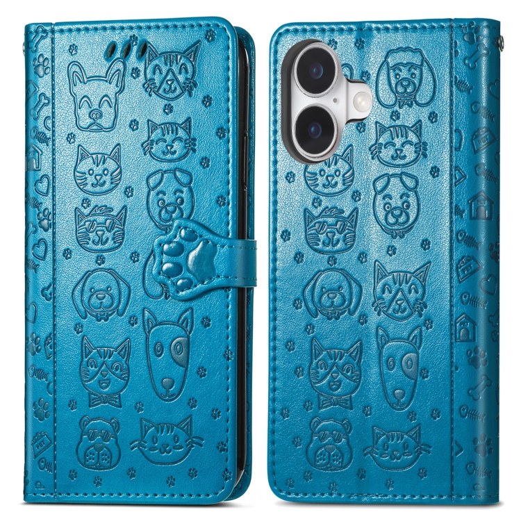 For iPhone 16 Cat and Dog Embossed Leather Phone Case(Blue)
