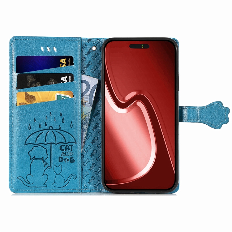 For iPhone 16 Cat and Dog Embossed Leather Phone Case(Blue)