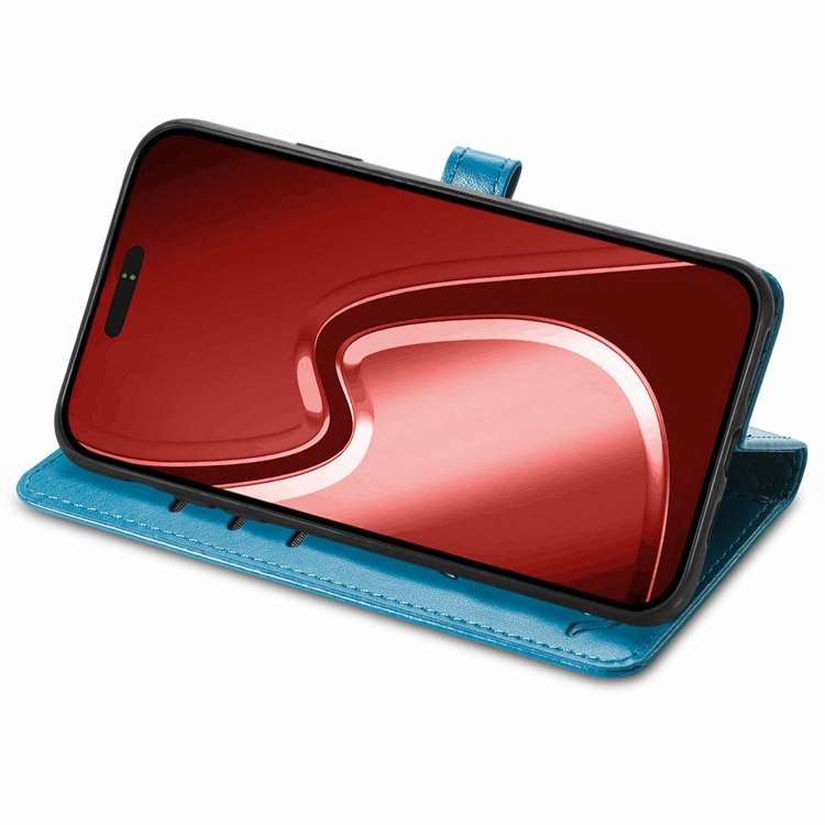 For iPhone 16 Cat and Dog Embossed Leather Phone Case(Blue)