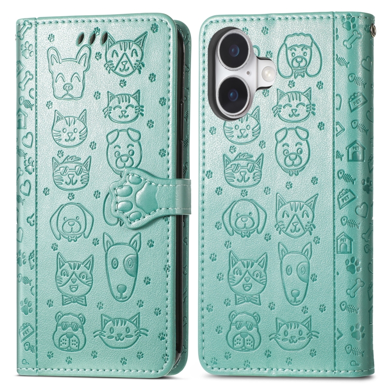 For iPhone 16 Plus Cat and Dog Embossed Leather Phone Case(Green) For iPhone 16 Plus Cat and Dog Embossed Leather Phone Case(Green)