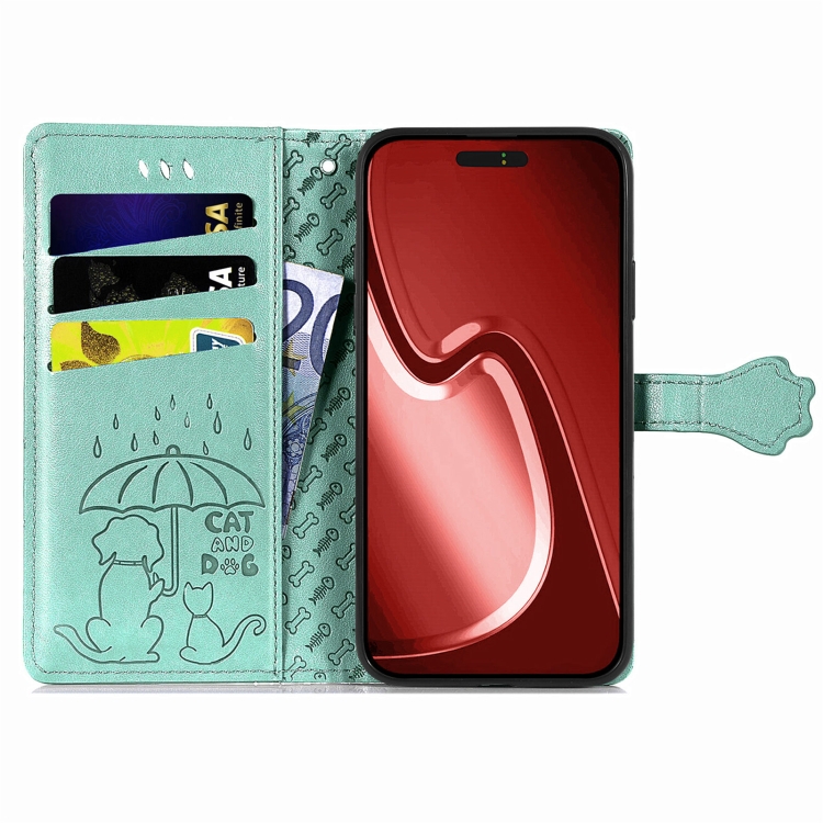 For iPhone 16 Plus Cat and Dog Embossed Leather Phone Case(Green) For iPhone 16 Plus Cat and Dog Embossed Leather Phone Case(Green)