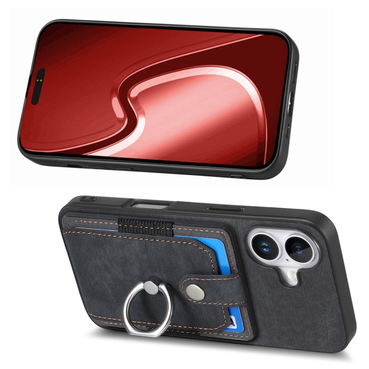 For iPhone 16 Retro Skin-feel Ring Card Wallet Phone Case(Black) For iPhone 16 Retro Skin-feel Ring Card Wallet Phone Case(Black)