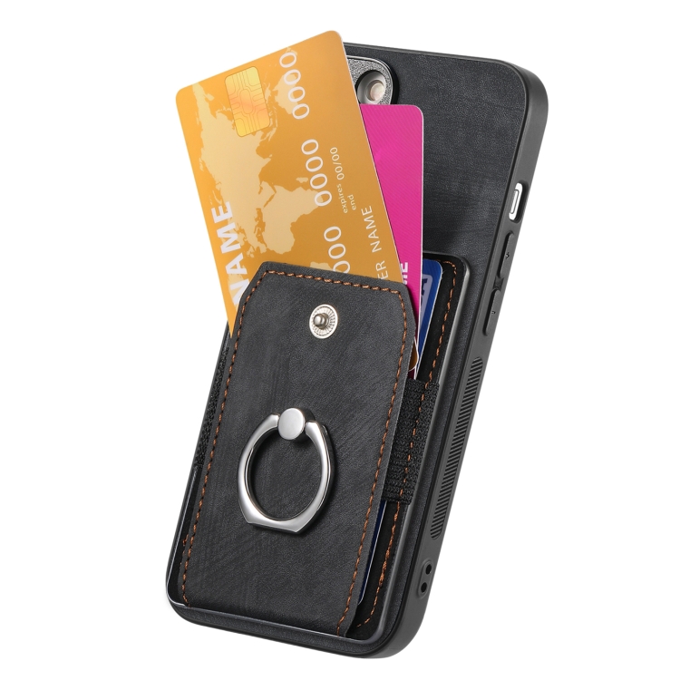 For iPhone 16 Retro Skin-feel Ring Card Wallet Phone Case(Black) For iPhone 16 Retro Skin-feel Ring Card Wallet Phone Case(Black)