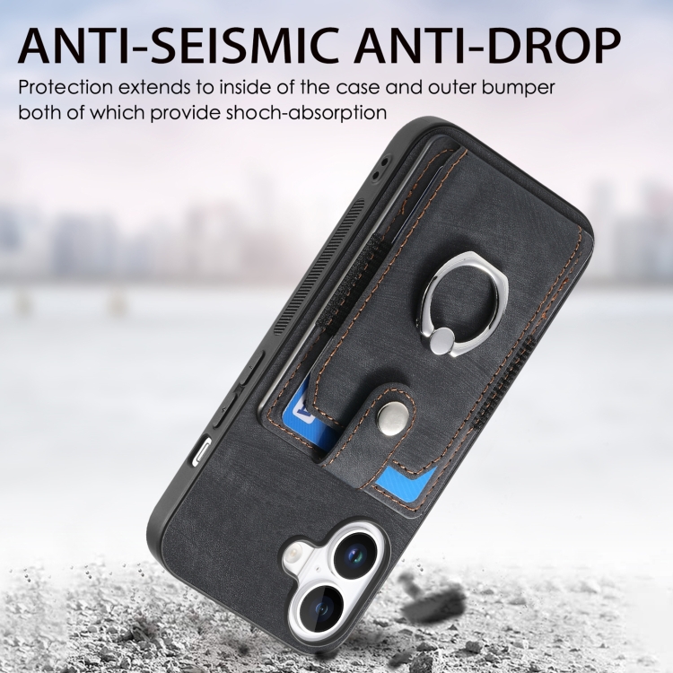 For iPhone 16 Retro Skin-feel Ring Card Wallet Phone Case(Black) For iPhone 16 Retro Skin-feel Ring Card Wallet Phone Case(Black)