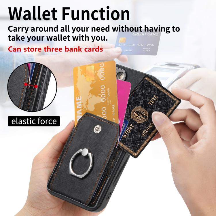 For iPhone 16 Retro Skin-feel Ring Card Wallet Phone Case(Black) For iPhone 16 Retro Skin-feel Ring Card Wallet Phone Case(Black)
