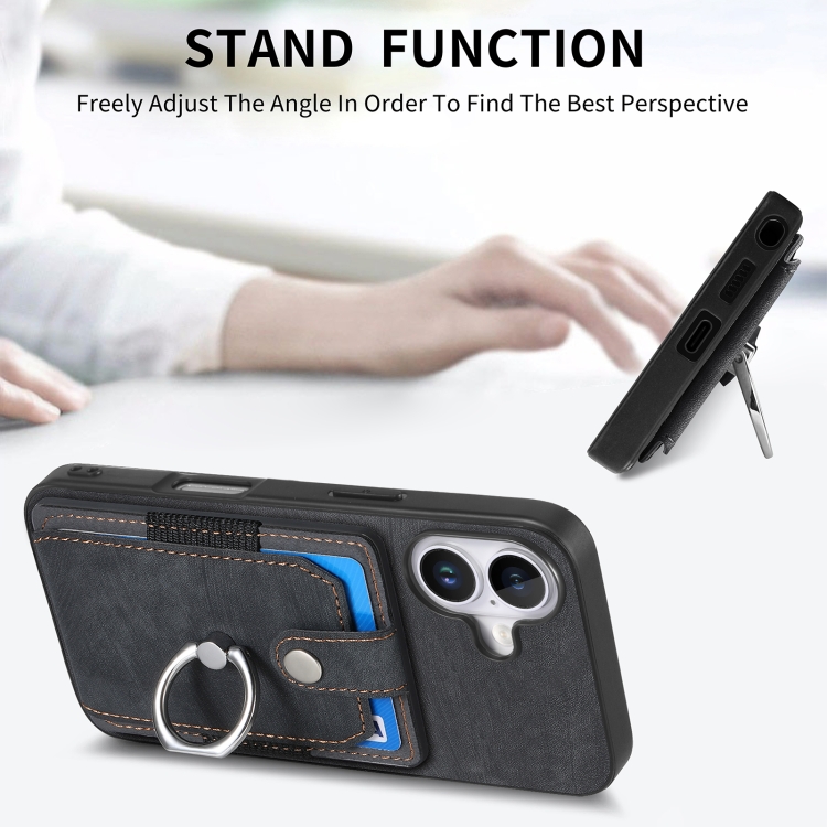 For iPhone 16 Retro Skin-feel Ring Card Wallet Phone Case(Black) For iPhone 16 Retro Skin-feel Ring Card Wallet Phone Case(Black)