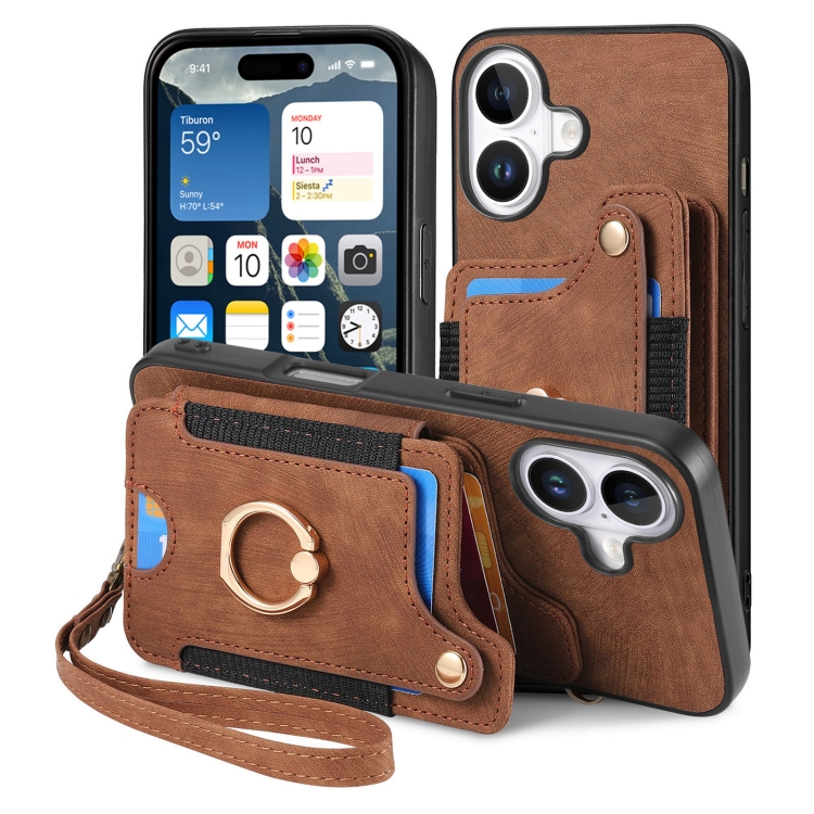 For iPhone 16 Retro Skin-feel Ring Multi-card Wallet Phone Case(Brown) For iPhone 16 Retro Skin-feel Ring Multi-card Wallet Phone Case(Brown)