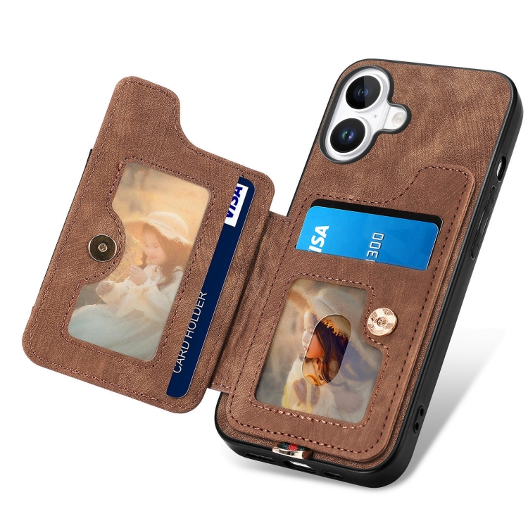 For iPhone 16 Retro Skin-feel Ring Multi-card Wallet Phone Case(Brown) For iPhone 16 Retro Skin-feel Ring Multi-card Wallet Phone Case(Brown)