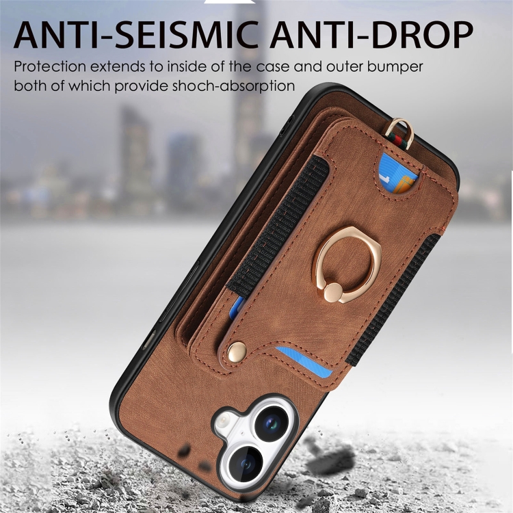 For iPhone 16 Retro Skin-feel Ring Multi-card Wallet Phone Case(Brown) For iPhone 16 Retro Skin-feel Ring Multi-card Wallet Phone Case(Brown)
