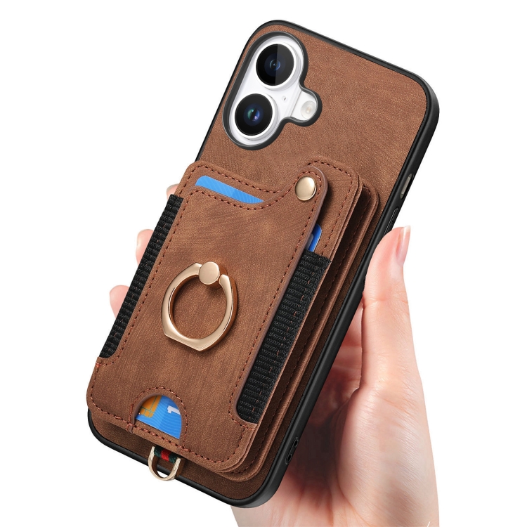For iPhone 16 Retro Skin-feel Ring Multi-card Wallet Phone Case(Brown) For iPhone 16 Retro Skin-feel Ring Multi-card Wallet Phone Case(Brown)