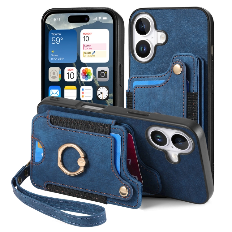 For iPhone 16 Plus Retro Skin-feel Ring Multi-card Wallet Phone Case(Blue) For iPhone 16 Plus Retro Skin-feel Ring Multi-card Wallet Phone Case(Blue)