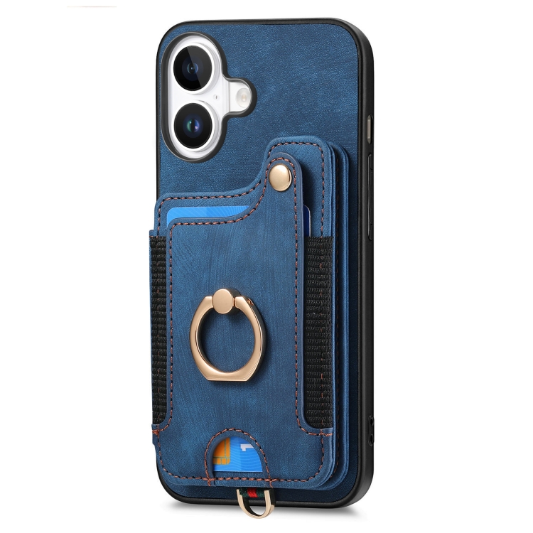 For iPhone 16 Plus Retro Skin-feel Ring Multi-card Wallet Phone Case(Blue) For iPhone 16 Plus Retro Skin-feel Ring Multi-card Wallet Phone Case(Blue)