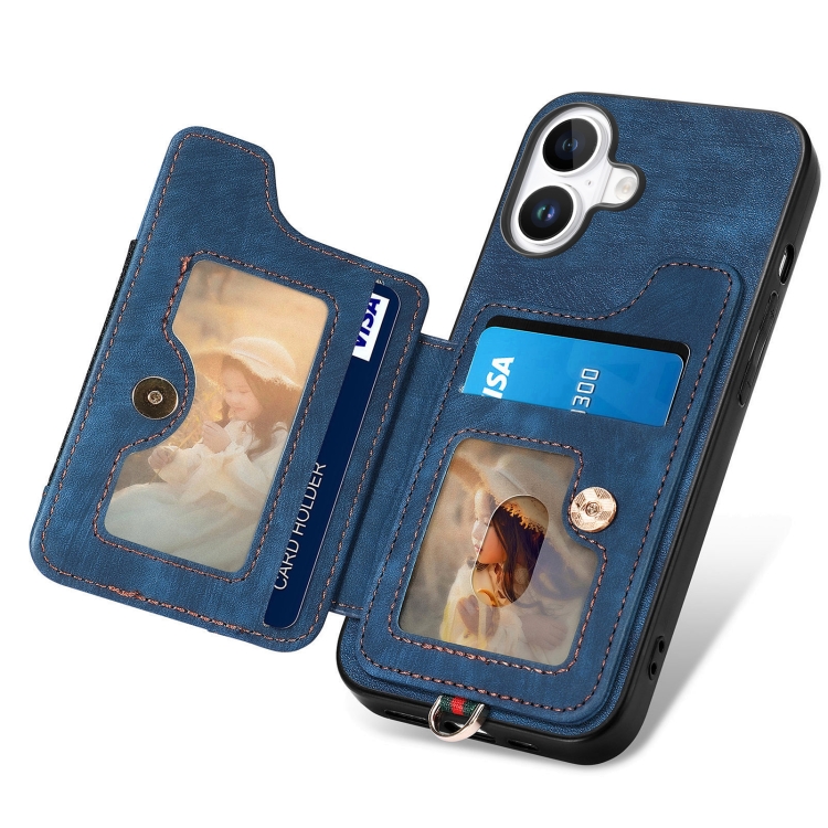 For iPhone 16 Plus Retro Skin-feel Ring Multi-card Wallet Phone Case(Blue) For iPhone 16 Plus Retro Skin-feel Ring Multi-card Wallet Phone Case(Blue)