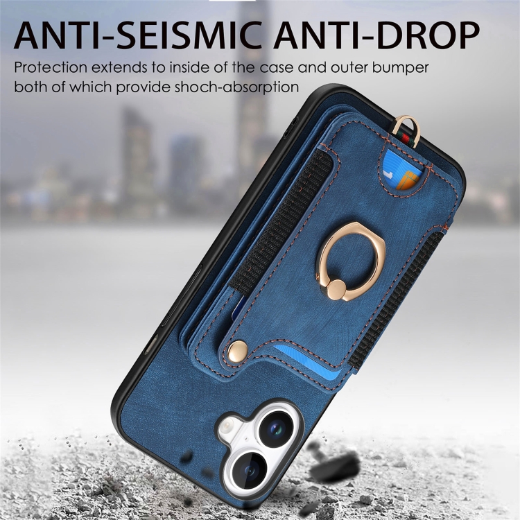For iPhone 16 Plus Retro Skin-feel Ring Multi-card Wallet Phone Case(Blue) For iPhone 16 Plus Retro Skin-feel Ring Multi-card Wallet Phone Case(Blue)
