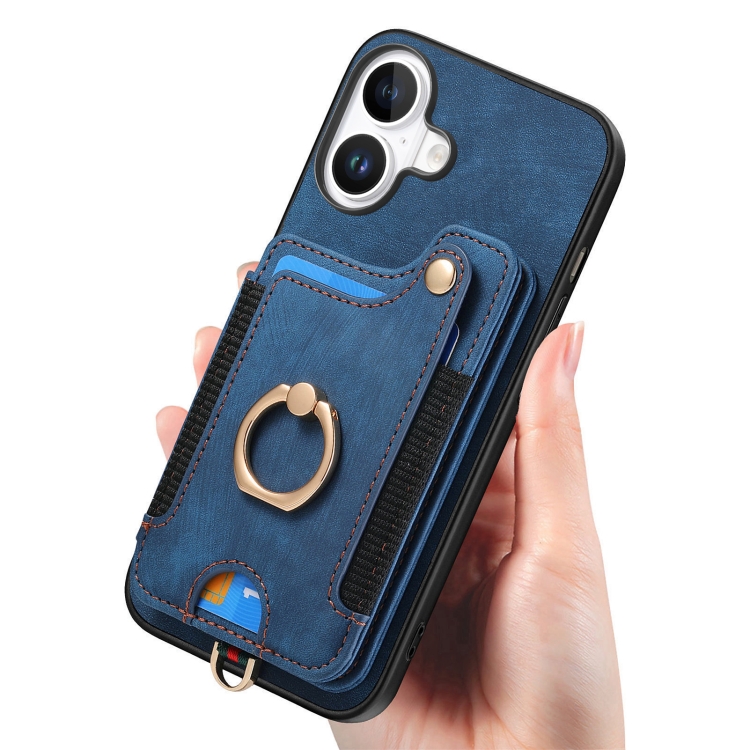 For iPhone 16 Plus Retro Skin-feel Ring Multi-card Wallet Phone Case(Blue) For iPhone 16 Plus Retro Skin-feel Ring Multi-card Wallet Phone Case(Blue)