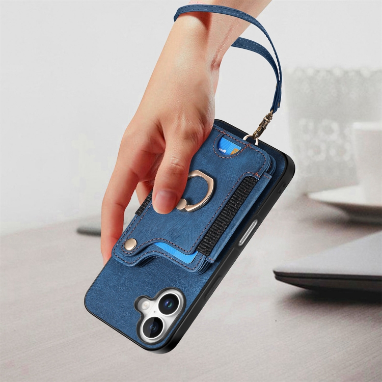 For iPhone 16 Plus Retro Skin-feel Ring Multi-card Wallet Phone Case(Blue) For iPhone 16 Plus Retro Skin-feel Ring Multi-card Wallet Phone Case(Blue)