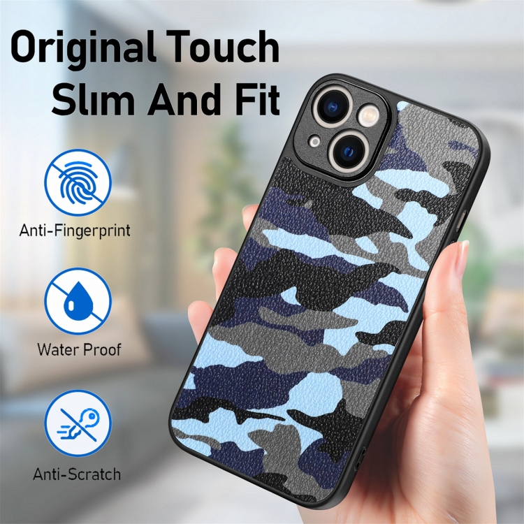 For iPhone 15 Pro Retro Camouflage Leather Back Phone Case(Blue) For iPhone 15 Pro Retro Camouflage Leather Back Phone Case(Blue)