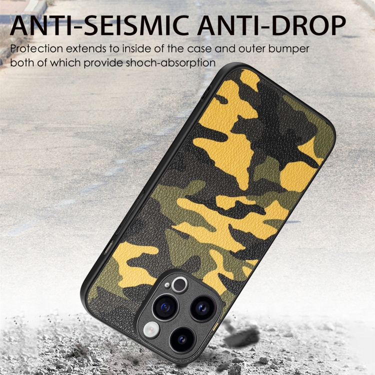 For iPhone 15 Retro Camouflage Leather Back Phone Case(Yellow) For iPhone 15 Retro Camouflage Leather Back Phone Case(Yellow)