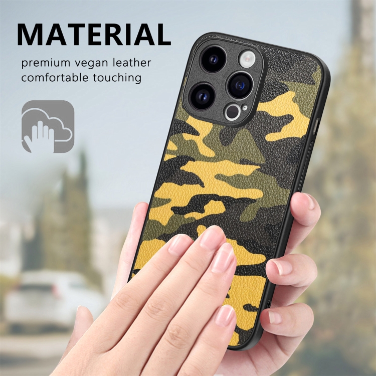 For iPhone 15 Retro Camouflage Leather Back Phone Case(Yellow) For iPhone 15 Retro Camouflage Leather Back Phone Case(Yellow)