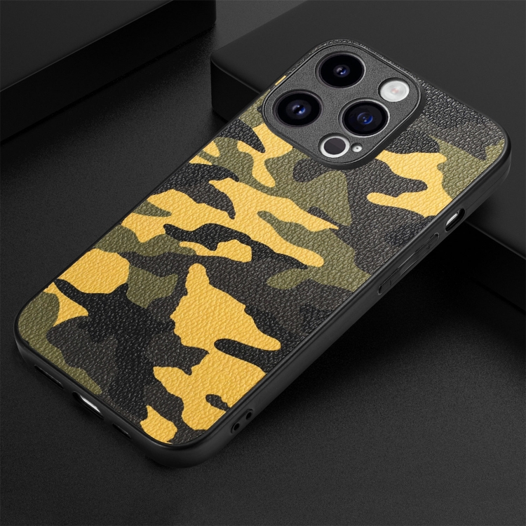 For iPhone 15 Retro Camouflage Leather Back Phone Case(Yellow) For iPhone 15 Retro Camouflage Leather Back Phone Case(Yellow)