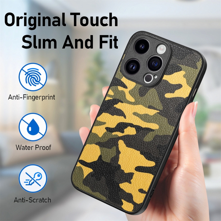 For iPhone 15 Retro Camouflage Leather Back Phone Case(Yellow) For iPhone 15 Retro Camouflage Leather Back Phone Case(Yellow)