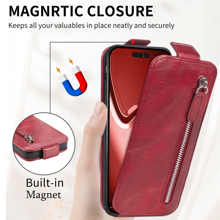 For iPhone 16 Zipper Wallet Vertical Flip Leather Phone Case(Red) For iPhone 16 Zipper Wallet Vertical Flip Leather Phone Case(Red)