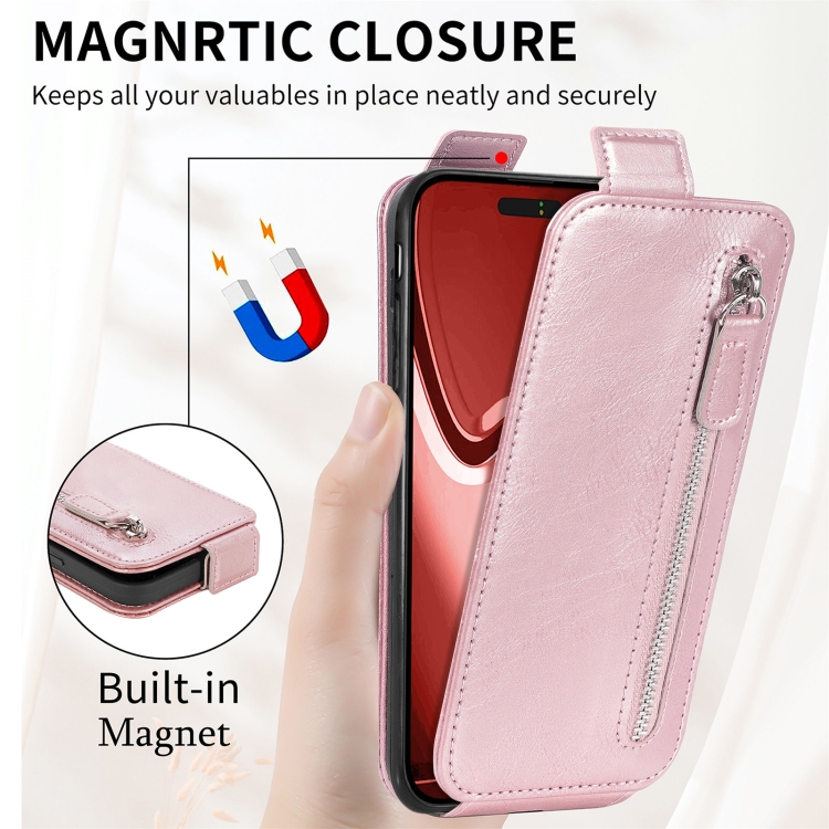 For iPhone 16 Pro Zipper Wallet Vertical Flip Leather Phone Case(Rose Gold) For iPhone 16 Pro Zipper Wallet Vertical Flip Leather Phone Case(Rose Gold)
