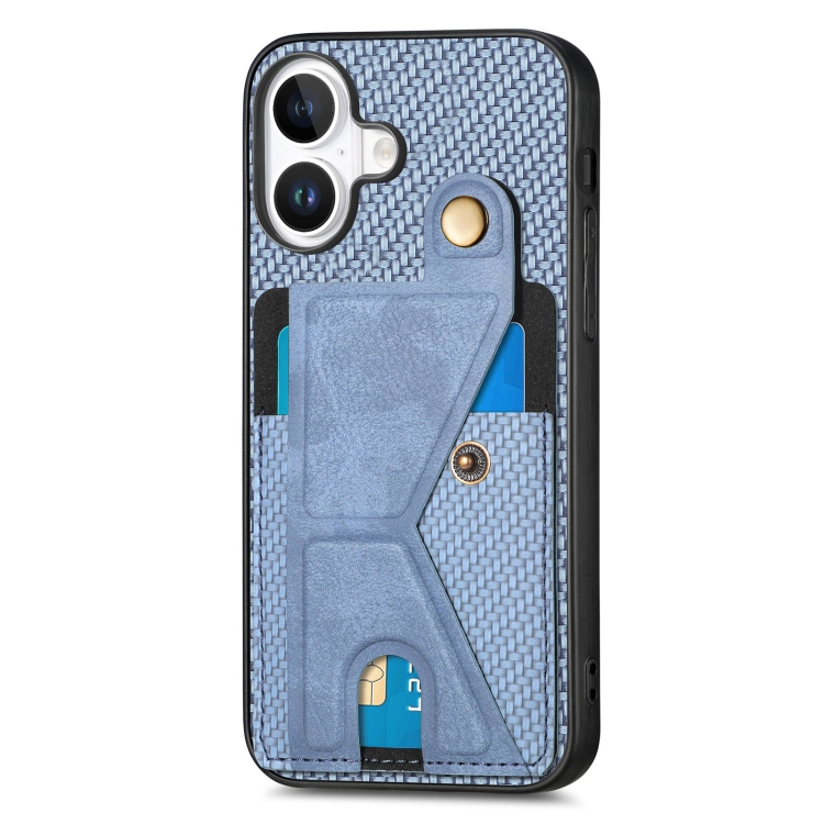 For iPhone 16 Carbon Fiber Wallet Flip Card K-shaped Holder Phone Case(Blue) For iPhone 16 Carbon Fiber Wallet Flip Card K-shaped Holder Phone Case(Blue)