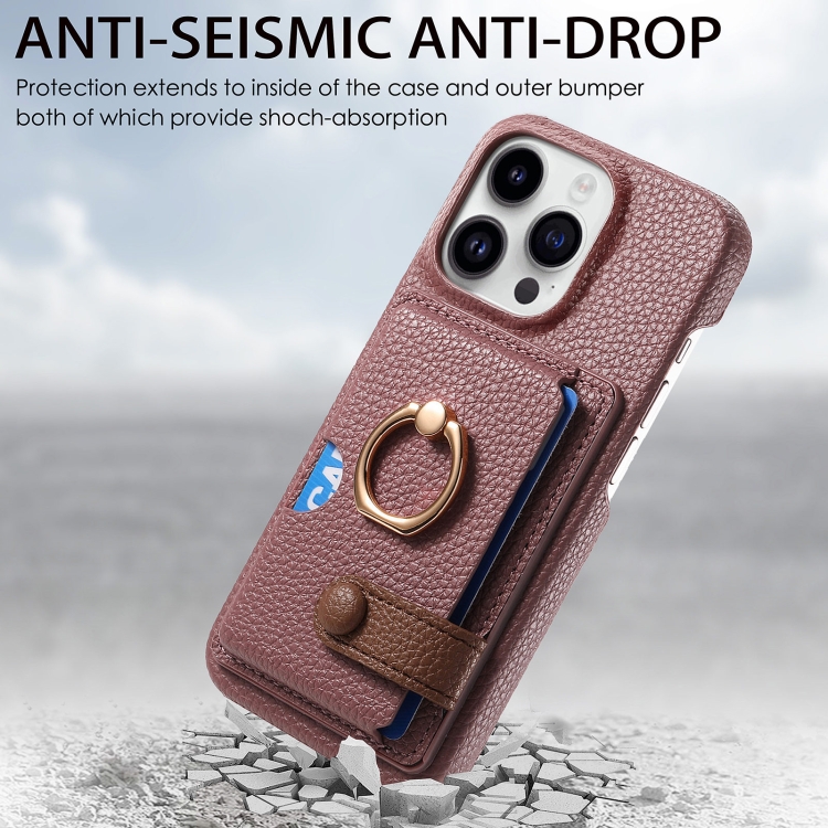 For iPhone 15 Pro Litchi Leather Oil Edge Ring Card Back Phone Case(Jujube apricot) For iPhone 15 Pro Litchi Leather Oil Edge Ring Card Back Phone Case(Jujube apricot)