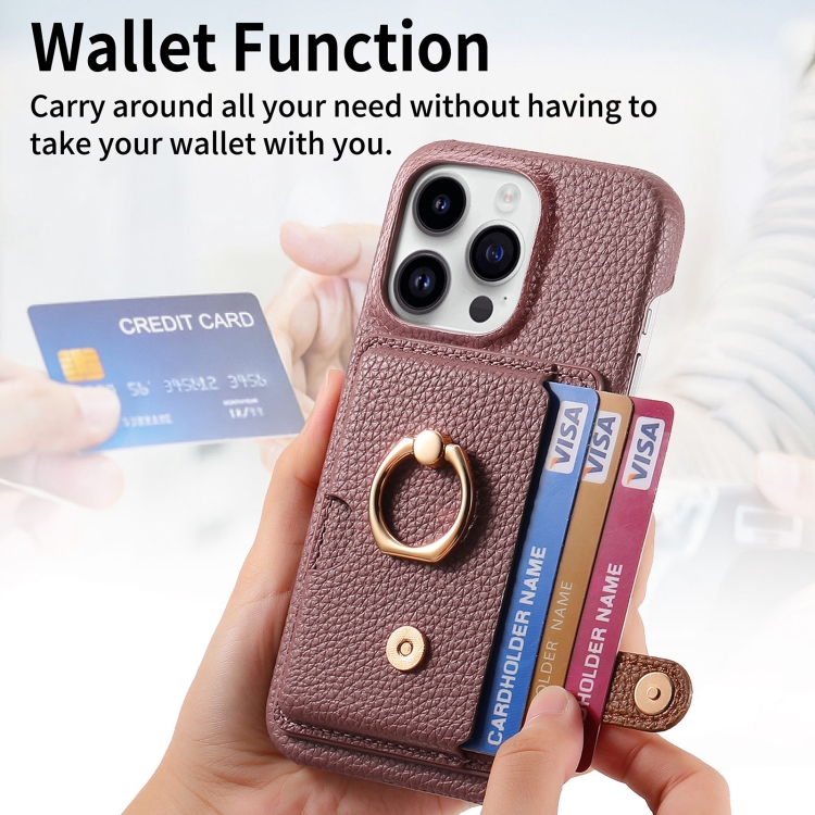 For iPhone 15 Pro Litchi Leather Oil Edge Ring Card Back Phone Case(Jujube apricot) For iPhone 15 Pro Litchi Leather Oil Edge Ring Card Back Phone Case(Jujube apricot)