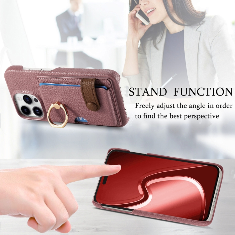 For iPhone 15 Pro Litchi Leather Oil Edge Ring Card Back Phone Case(Jujube apricot) For iPhone 15 Pro Litchi Leather Oil Edge Ring Card Back Phone Case(Jujube apricot)