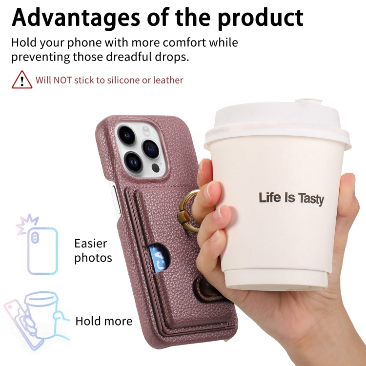 For iPhone 15 Pro Litchi Leather Oil Edge Ring Card Back Phone Case(Jujube apricot) For iPhone 15 Pro Litchi Leather Oil Edge Ring Card Back Phone Case(Jujube apricot)