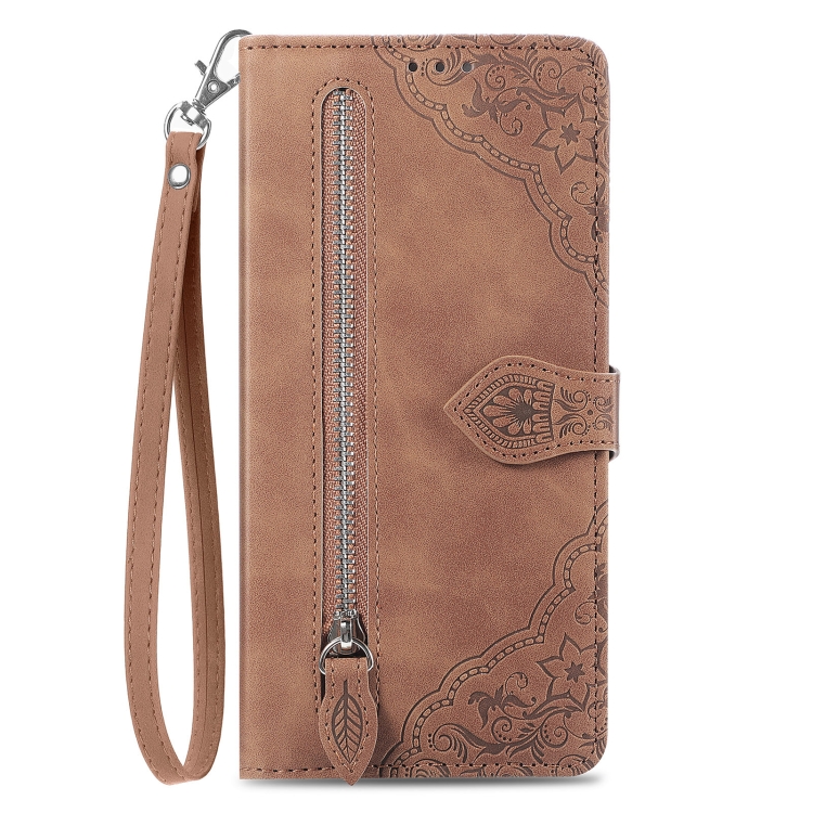 For iPhone 16 Embossed Flower Zipper Leather Phone Case(Brown) For iPhone 16 Embossed Flower Zipper Leather Phone Case(Brown)