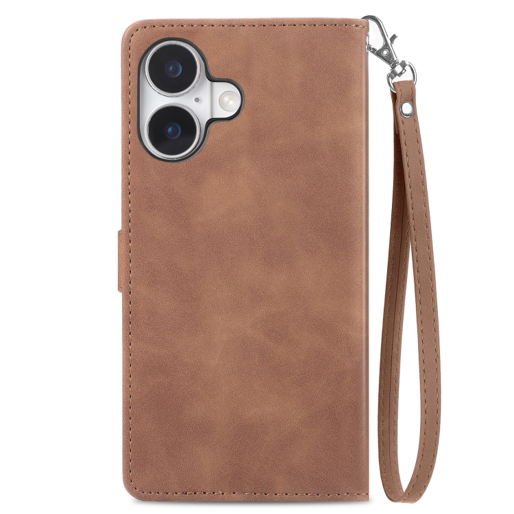 For iPhone 16 Embossed Flower Zipper Leather Phone Case(Brown) For iPhone 16 Embossed Flower Zipper Leather Phone Case(Brown)