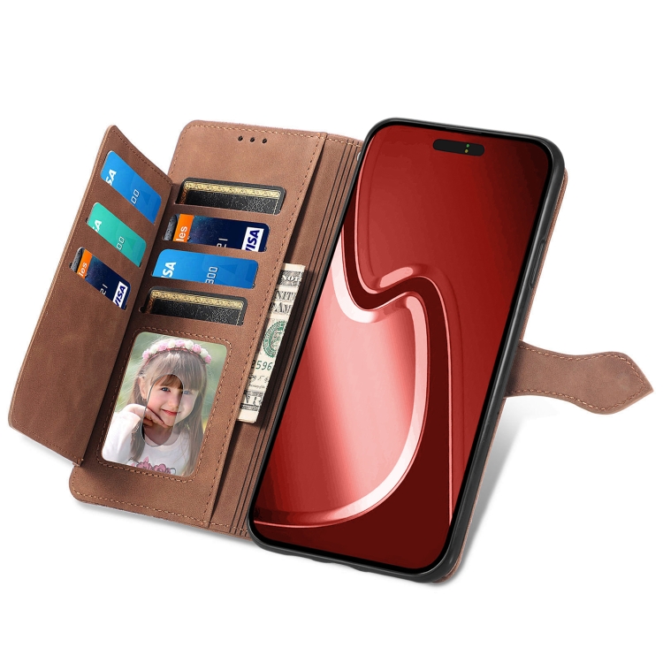 For iPhone 16 Embossed Flower Zipper Leather Phone Case(Brown) For iPhone 16 Embossed Flower Zipper Leather Phone Case(Brown)