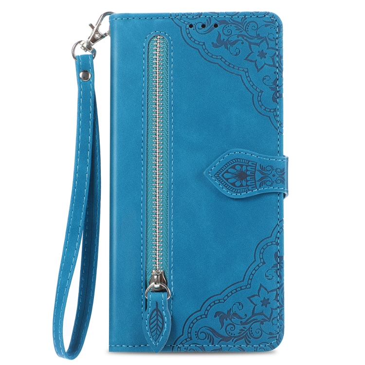 For iPhone 16 Plus Embossed Flower Zipper Leather Phone Case(Blue) For iPhone 16 Plus Embossed Flower Zipper Leather Phone Case(Blue)