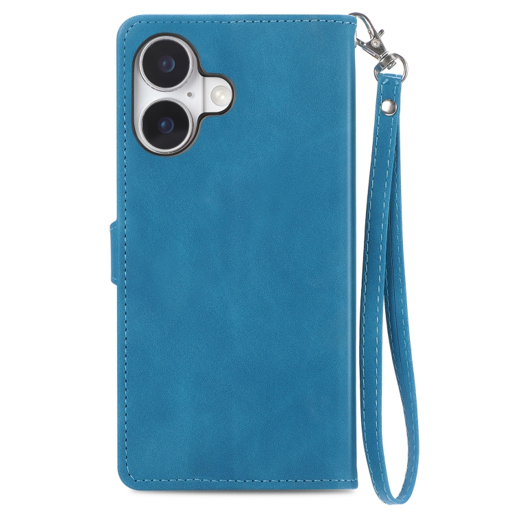 For iPhone 16 Plus Embossed Flower Zipper Leather Phone Case(Blue) For iPhone 16 Plus Embossed Flower Zipper Leather Phone Case(Blue)