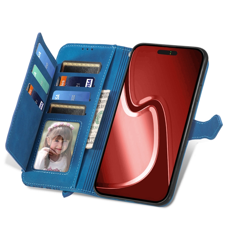 For iPhone 16 Plus Embossed Flower Zipper Leather Phone Case(Blue) For iPhone 16 Plus Embossed Flower Zipper Leather Phone Case(Blue)