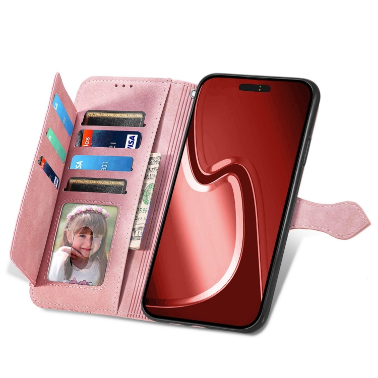 iPhone16用ピンクケース（ジッパー付き） iPhone 16 Pro Max用 エンボスフラワージッパーレザー電話ケース