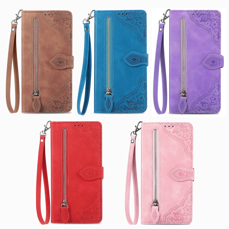 For iPhone 16 Plus Embossed Flower Zipper Leather Phone Case(Blue) For iPhone 16 Plus Embossed Flower Zipper Leather Phone Case(Blue)