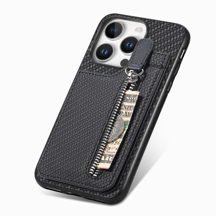 For iPhone 16 Pro Carbon Fiber Vertical Flip Zipper Phone Case(Black) For iPhone 16 Pro Carbon Fiber Vertical Flip Zipper Phone Case(Black)