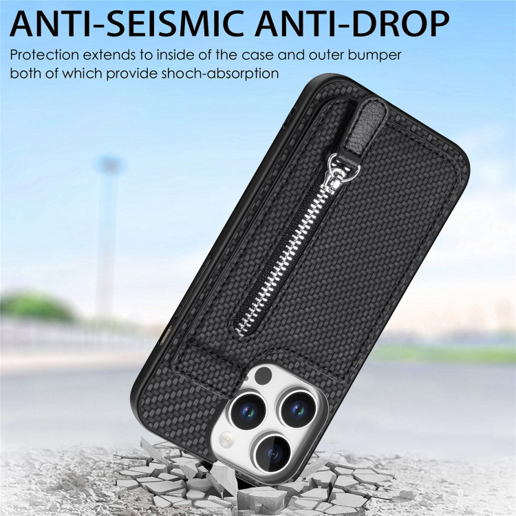 For iPhone 16 Pro Carbon Fiber Vertical Flip Zipper Phone Case(Black) For iPhone 16 Pro Carbon Fiber Vertical Flip Zipper Phone Case(Black)