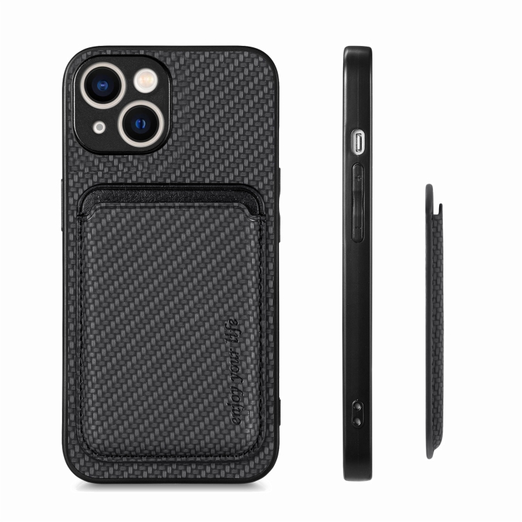 For iPhone 15 Carbon Fiber Leather Card Magsafe Phone Case(Black) For iPhone 15 Carbon Fiber Leather Card Magsafe Phone Case(Black)