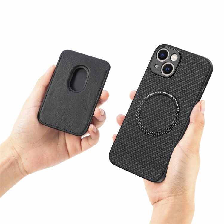 For iPhone 15 Carbon Fiber Leather Card Magsafe Phone Case(Black) For iPhone 15 Carbon Fiber Leather Card Magsafe Phone Case(Black)