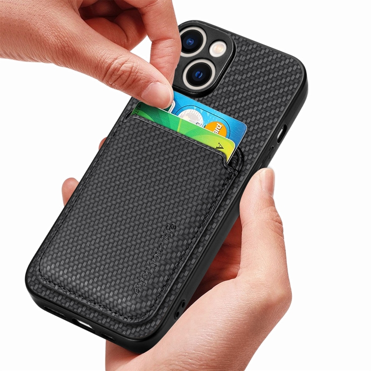 For iPhone 15 Carbon Fiber Leather Card Magsafe Phone Case(Black) For iPhone 15 Carbon Fiber Leather Card Magsafe Phone Case(Black)