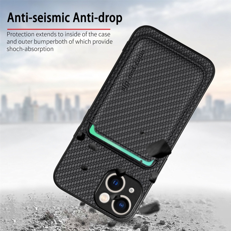 For iPhone 15 Carbon Fiber Leather Card Magsafe Phone Case(Black) For iPhone 15 Carbon Fiber Leather Card Magsafe Phone Case(Black)