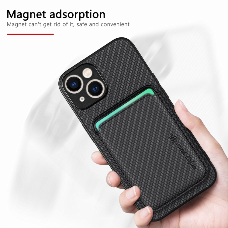 For iPhone 15 Carbon Fiber Leather Card Magsafe Phone Case(Black) For iPhone 15 Carbon Fiber Leather Card Magsafe Phone Case(Black)