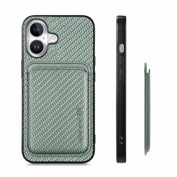 For iPhone 16 Plus Carbon Fiber Leather Card Magsafe Phone Case(Green) For iPhone 16 Plus Carbon Fiber Leather Card Magsafe Phone Case(Green)